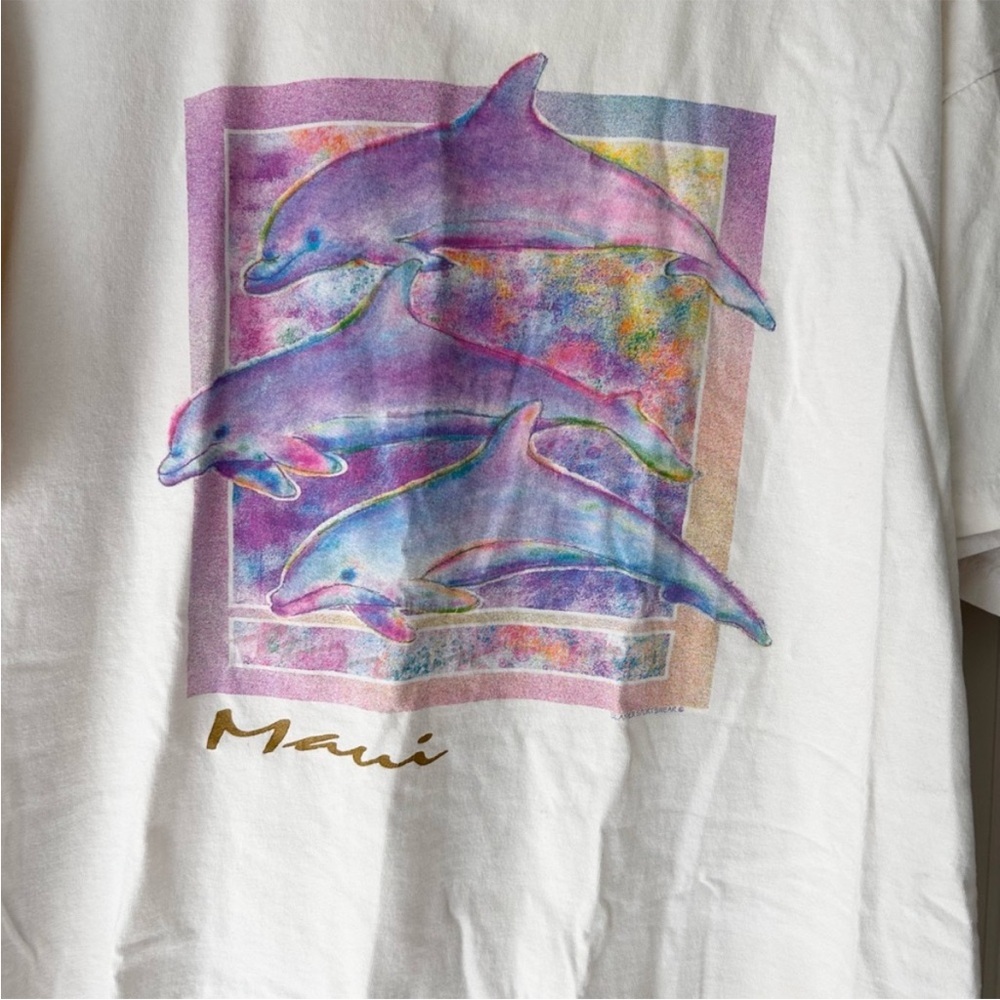 Vintage 90s Islander White Dolphin Print Graphic Tee XL Maui Short Sleeve Shirt - Picture 3 of 4
